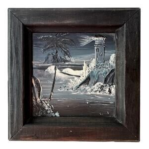 Vintage Hand-Painted Mexican Tile of Coastal Lighthouse Scene